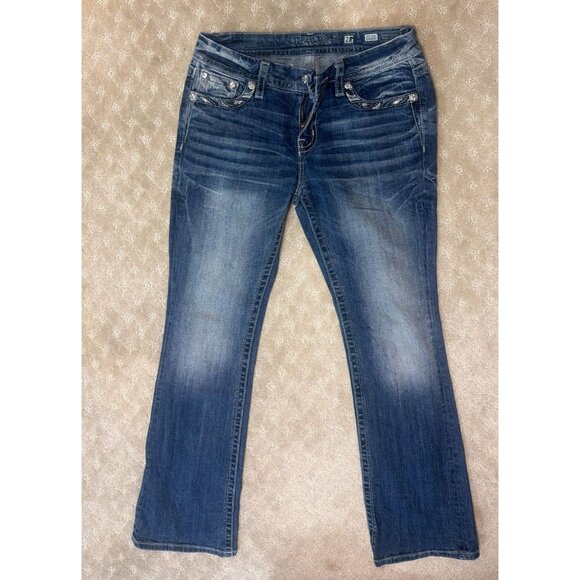 Miss Me Jeans Women's Size 28 Mid-Rise Easy Boot Cut Silver Fleur-de-Lis Bling - Picture 1 of 4